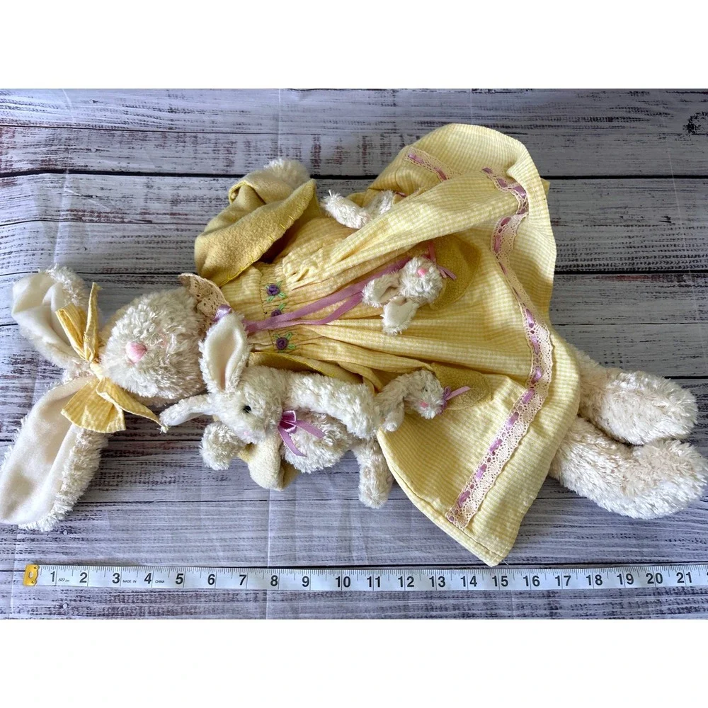 VTG Plush Shelf Sitter Bunny Rabbit Cottagecore Yellow Gingham Baby Bunnies